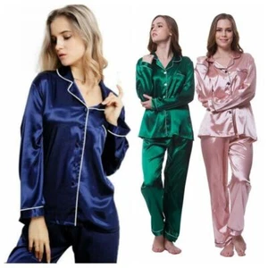 Women Soft Plain Silky Satin Pyjamas Silk PJ'S Sleepwear Long Sleeve Nightwear - Picture 1 of 40