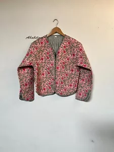 Pink Floral Printed Cotton Quilted Jacket Vintage Reversible V Neck Boho Jacket - Picture 1 of 6