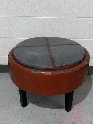 Partial Leather Large Storage Ottoman in Orange/ Basketball Style - - Image 1 of 4