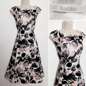 Kaliko rosa schwarz Blumen Fit & Flare knielanges Kleid Größe UK 12 - Bild 1 von 9