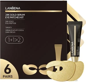 LANBENA Under Eye Patches (6 Pairs), Wrinkle-Reduce Essence(0.27 Fl.Oz), 24K Gol - Picture 1 of 8