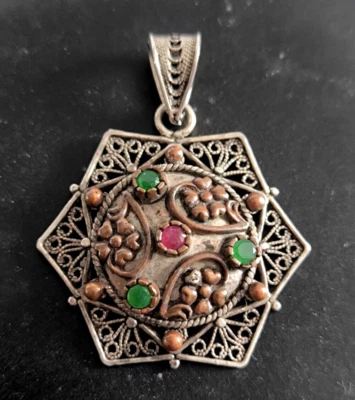 Anhänger 925 Silber DGS Turkey Stern Blumen Steine (Rubin? Saphir?)  Filigran - Bild 1 von 4