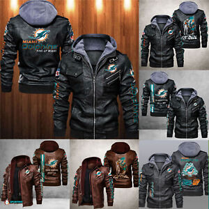 Miami Dolphins Mens Vintage Leather Jacket Biker Hooded Coat Winter Outwear Gift