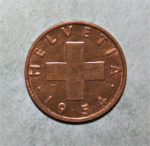 S12 - Switzerland 1 Rappen 1954-B Choice Uncirculated Bronze Coin - Cross - Picture 1 of 2