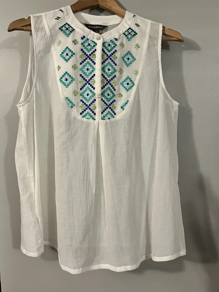Tommy Bahama Women Boho Sheer White Tank Top Size Large 100% Cotton - Image 1 of 4