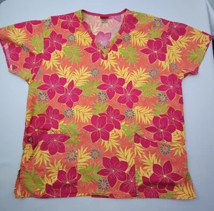 Dickies Scrub Top Womens Size Medium Pink Yellow Floral Pit To Pit 22in V-neck  - Picture 1 of 6