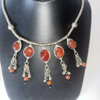 Artisan Sterling Silver Bali Look Goddess Bib Necklace With Carnelian Stones VTG - Image 1 of 4