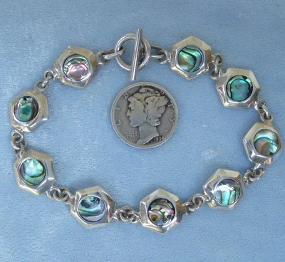 Pulsera de eslabones de ley vintage de 7 mm concha Paua madreperla, Konder #373 Foto 1 de 4