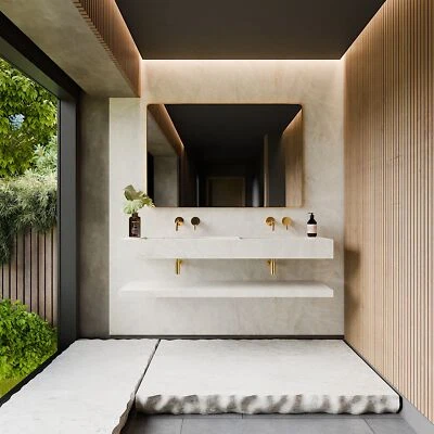 Doppel Waschbecken Waschtisch Marmoroptik Weiß Matt mit Ablage - Handgefertigt - Bild 1 von 2