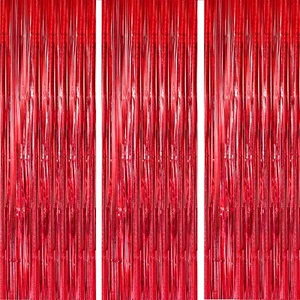 Red Foil Fringe Curtains 3 Pack 3.3x8.2 Feet Tinsel Streamers Party Backdrop - Picture 1 of 6