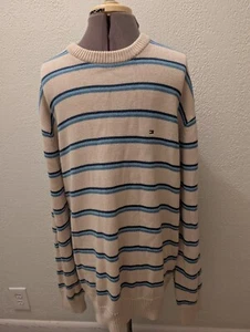 Vintage 90s tommy hilfiger mens cream and blue stripe wool sweater size XL - Picture 1 of 13