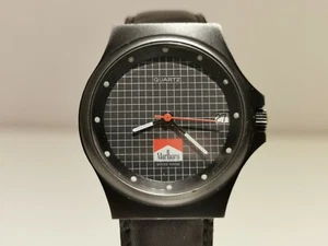 VINTAGE RARE SWISS BLACK ADVERTISING OF CIGARETTES "MARLBORO"MEN'S QUARTZ WATCH - Picture 1 of 8