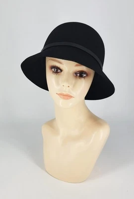 Sombrero Cloche para mujer negro liso 100 % lana con banda de cuero talla única Foto 1 de 4