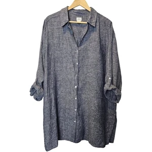 Top con bottoni Sigrid Olsen lino blu rotolo linguetta taglia 2x viaggio costiero tutti i giorni - Foto 1 di 8