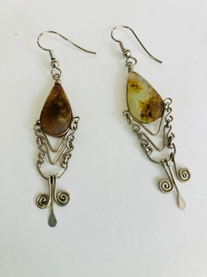 Pendientes artesanales vintage de plata esterlina estilo festival arte aserrín - piedra ágata Foto 1 de 4