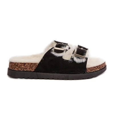 INNA MARKA Damen-Hausschuhe zehenstegsandalen mit Schnallen und Fell, Schwarz Ezilena