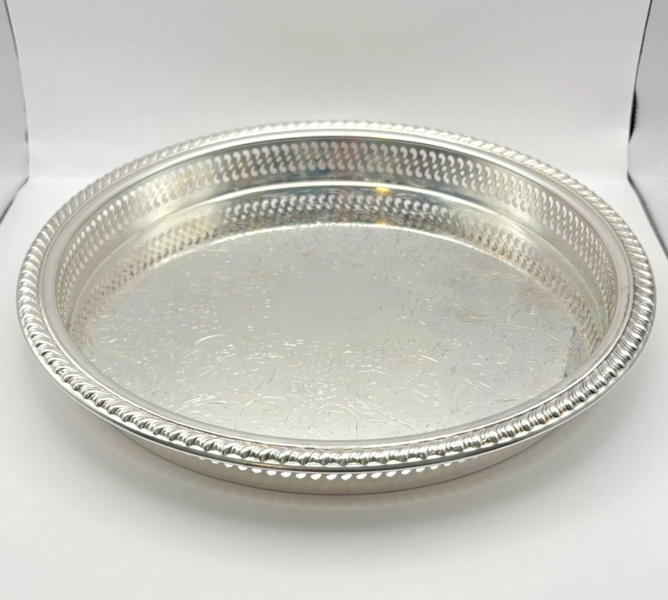Винтажный круглый декоративный сетчатый галерейный поднос WM Rogers посеребренный 12 дюймов - Изображение 1 из 4