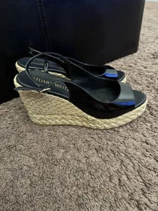 Stuart Weitzman Island Black Patent Leather Espadrille Wedge Sandal 10 NEW $450 - Picture 1 of 9