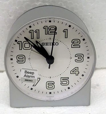 SEIKO -  SILVER ROUND WHITE FACE QUIET SWEEP ALARM CLOCK  QHE084SLH - Image 1 of 3