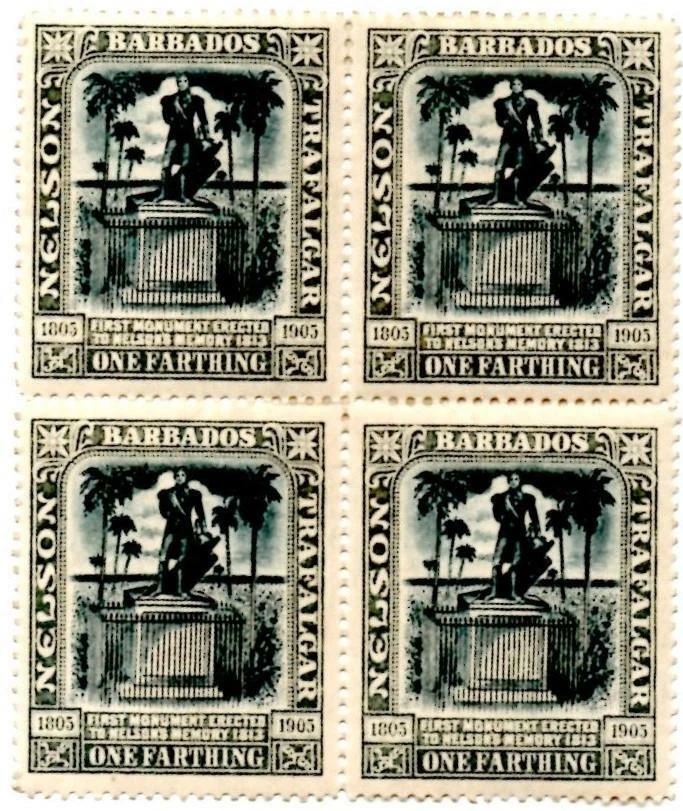 BLOCK OF 4 BRITISH BARBADOS 1 FARTHING POSTAGE STAMPS 1905 NELSON MONUMENT - Image 1 of 1
