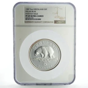 Denmark Greenland 5 piaster Conservation Polar Bear PF69 NGC silver coin 1987 - Picture 1 of 4