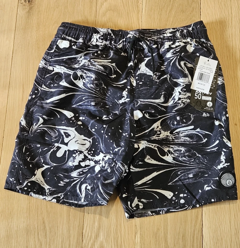 VOLCOM Boys M (10/12) Board Center Swim Trunks Shorts Mesh Lined Black White - Image 1 of 4