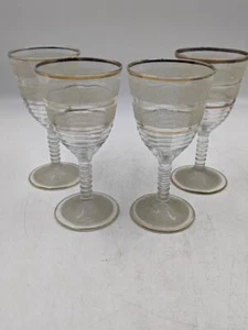 1950's MCM Glasses White Frosted & Gold Striped Stemware Wine Goblets Mad Men - Afbeelding 1 van 3