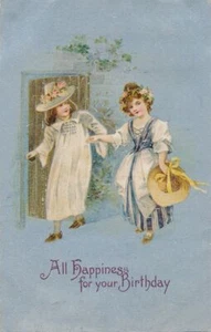 BIRTHDAY - Two Dressed Up Girls All Happiness For Your Birthday Postcard - 1916 - Picture 1 of 2