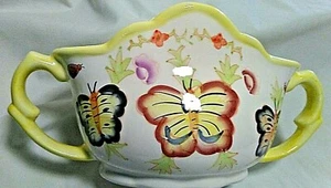 Double Handle Flower Vase 6" H X 10" L Multi-Color Butterly Design Yellow Trim - Picture 1 of 10