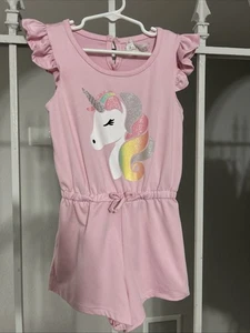 BTWEEN Girls Unicorn Pink Jumper Shorts Sz 5 Ruffle Sleeve Bow Front 92% Poly - Picture 1 of 15
