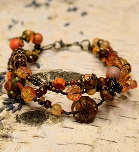 Bright Orange Glass Druid Flower Wreath Wrap Bracelet In Brass - Picture 1 of 7