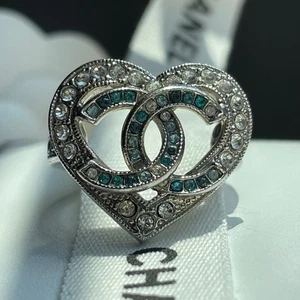 Chanel A16 Heart Ring | Ombre Blue Strass Crystals, CC, Rare Silver Statement, 6 - Picture 1 of 16