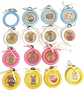 VTG Easter Cross Stitch Ornaments Set of 14 Handmade Bunny Egg Décor Lot - Picture 1 of 17