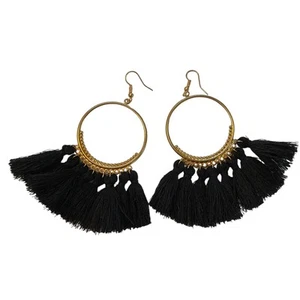 Tassel Earrings Black Gold Hoop NEW - Picture 1 of 2
