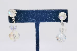Vintage Earrings Clip On Silvertone Ab Glass Crystal Beads, Faceted Dangle ￼ - Picture 1 of 5