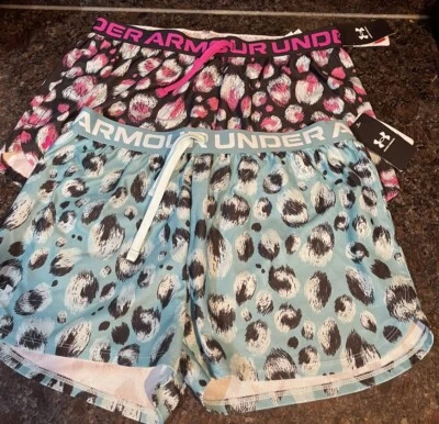 NWT 2 pr Girls Under Armour  Hot Pink,Black & Aqua, Black Shorts Heatgear YXL - Image 1 of 4
