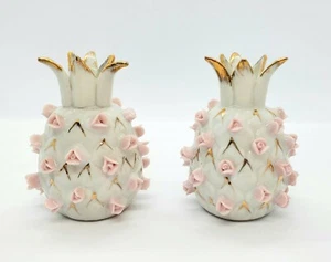 Pineapple Salt and Pepper Shakers Vintage Porcelain White w/Pink Roses Gold Gilt - Picture 1 of 6