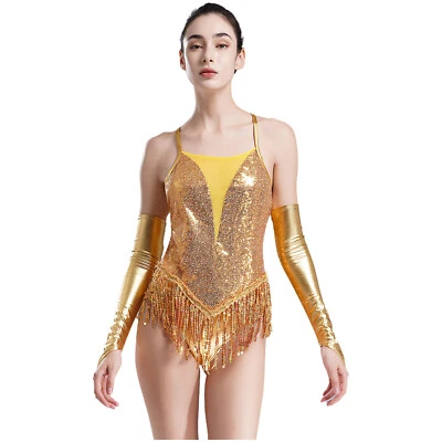 Womens Bodysuit Fingerless Gloves Outfit Cross Back Leotard Latin Set Tassels - Image 1 of 4