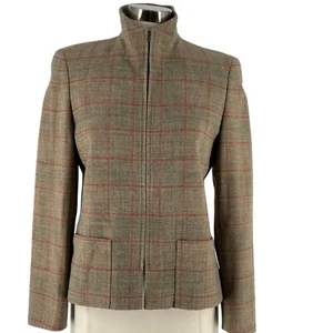 Akris Bergdorf Goodman Italian Wool Windowpane Plaid Tan Zip Women's Blazer 8 - Picture 1 of 12