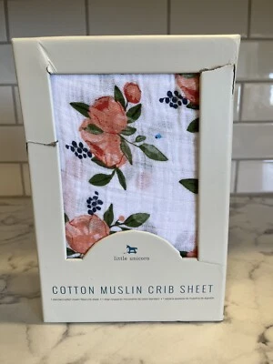 Sábana Cuna Little Unicorn Algodón Muselina, Diseño Acuarela Rosa Foto 1 de 3