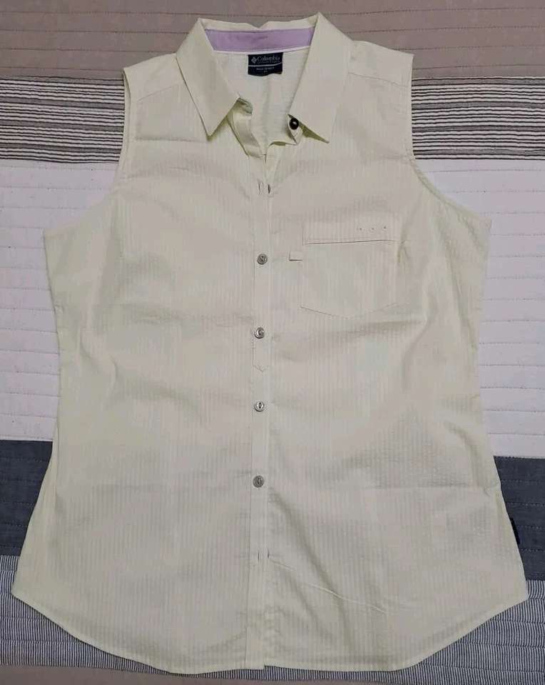 Camiseta sin mangas Columbia Seersucker con botones talla M, elástica amarilla y blanca Foto 1 de 4