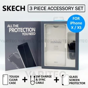 SKECH Clear Back Case + Cable + Glass Screen Saver Cover for Apple iPhone X XS - Picture 1 of 3
