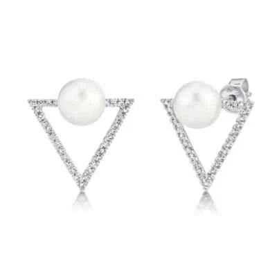 14K White Gold Pearl Diamond Triangle Stud Earrings - Image 1 of 2