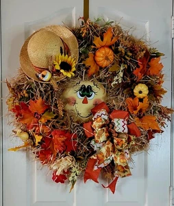 Happy Scarecrow Wreath Complete with Hat and Fall Foliage. 25" Across - Picture 1 of 1