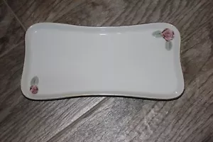 Vintage Small Vanity Dresser Tray White Porcelain Pink Rose Applique Gilded Trim - Picture 1 of 5