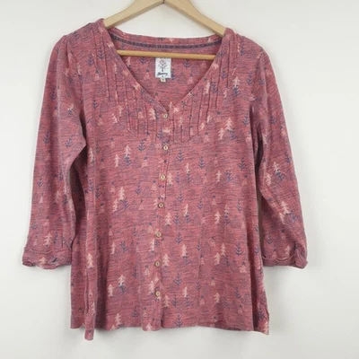 Mantaray Top Womens UK 12 Pink Forest Print Jersey Pintuck 3/4 Sleeve Boho - Image 1 of 4