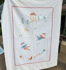 VTG Heirloom Baby Quilt Hand Embroidered Hand Quilted Jack & Jill 52"x 66" Large - Picture 1 of 7