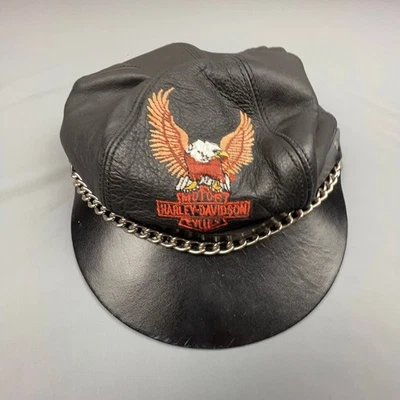 Vintage 80s Harley-Davidson Leather Chain Biker Hat Eagle Logo Made in USA RARE - Image 1 of 4