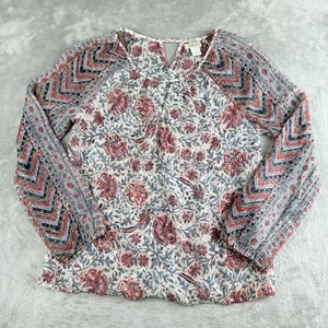 Lucky Brand Top Womens Small White Pink Blue Floral Sheer Long Sleeve Boho - Picture 1 of 13