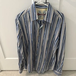 Robert Graham Shirt Mens Large (L) Tailored Fit Blue Brown Striped Button - Picture 1 of 6